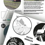 Extraits du dossier ‘Porté Disparu – Pie-grièche à tête rousse’ montrant une fiche sur la destruction des haies et ses conséquences pour l’espèce. Une planche de pictogrammes en noir et blanc représente diverses menaces : réchauffement climatique, machines agricoles, pollution, fragmentation des milieux.