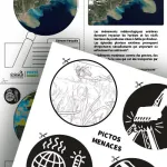 Extrait des supports pédagogiques du kit ‘Posidonie’. L’image montre des fiches illustrées sur les impacts environnementaux visibles depuis l’espace, ainsi qu’une planche de pictogrammes en noir et blanc représentant des menaces comme le réchauffement climatique, les pollutions, ou les engins agricoles.