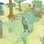 Illustration d’un paysage de campagne traversé par un ruisseau. Un naturaliste en bottes prélève un échantillon dans l’eau. À l’arrière-plan, des vaches boivent dans le ruisseau et un camion transporte des troncs d’arbre, suggérant l’impact de l’élevage et de l’exploitation forestière sur la biodiversité. À gauche, un martin-pêcheur est perché près d’un arbre, et au premier plan, des plantes aquatiques sont visibles. Logo ‘Porté Disparu – OCCE’ en bas à droite.