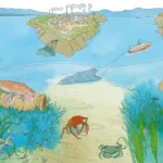 Illustration d’un paysage marin partagé entre la vie sous-marine et les activités humaines. Au premier plan : poissons, crabes, poulpe, oursins et herbiers de posidonie. À l’arrière-plan : une baleine, un bateau de pêche, un avion, une zone agricole et une usine rejetant des fumées. L’image illustre les interactions entre biodiversité marine et pressions humaines.