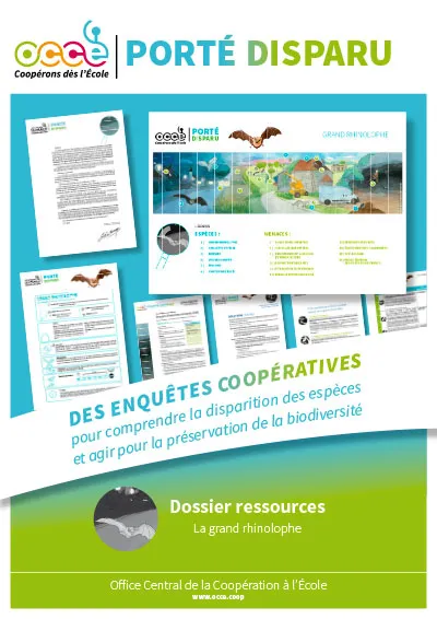 Affiche de présentation du dossier pédagogique ‘Porté Disparu – Grand rhinolophe’, édité par l’OCCE. Elle montre une enquête coopérative sur la préservation de cette espèce de chauve-souris, avec aperçu des fiches pédagogiques, menaces identifiées et carte de répartition.