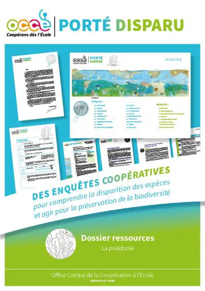 Affiche du dossier pédagogique ‘Porté disparu – Posidonie’ édité par l’OCCE. Elle met en avant une enquête coopérative sur la préservation des herbiers marins, avec aperçu des fiches pédagogiques, encadrés de menaces environnementales et logo de l’OCCE.