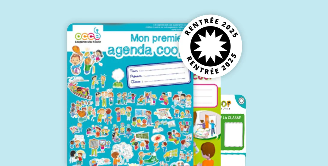 Couverture de ‘Mon premier agenda coopératif’ édité par l’OCCE pour la rentrée 2024. La couverture colorée présente de nombreuses illustrations d’élèves en situation de coopération en classe, avec un espace à remplir pour le prénom, le nom et la classe. Un macaron blanc avec l’inscription ‘Rentrée 2024’ est apposé en haut à droite.