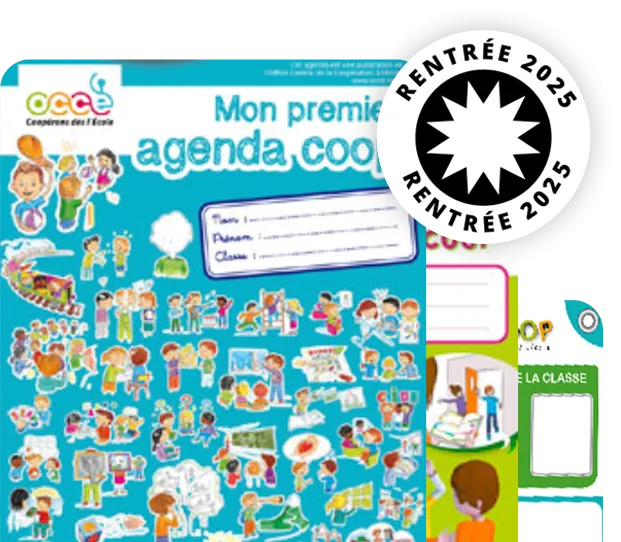 Couverture de ‘Mon premier agenda coopératif’ édité par l’OCCE pour la rentrée 2024. La couverture colorée présente de nombreuses illustrations d’élèves en situation de coopération en classe, avec un espace à remplir pour le prénom, le nom et la classe. Un macaron blanc avec l’inscription ‘Rentrée 2024’ est apposé en haut à droite.